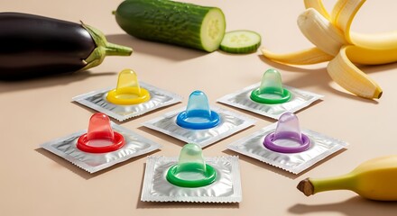 Colorful condoms alongside suggestive fruit and vegetables convey a modern, provocative message about safe sex, featuring vibrant condoms and produce that symbolizes sexual health and awareness