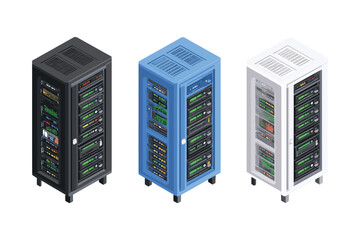 isometric set of data server towers with network components