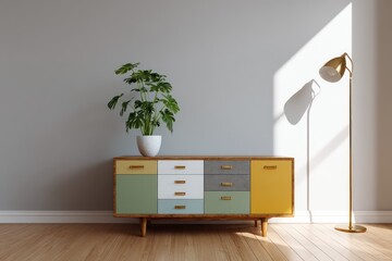 Classic retro credenza with multicolored drawers matte gold handles green potted plant side-lit from floor lamp with shadow play