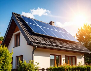 Close-up of new suburban house with photovoltaic system of the roof. Modern eco friendly passive house with solar panels on the gable roof, with sunlight in the morning vibes