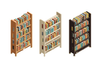 isometric set of bookshelves in various styles and book arrangements