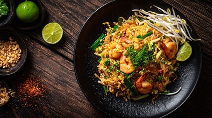 Sizzling shrimp pad thai thailand food photography rustic kitchen close-up culinary delight