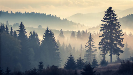 Misty landscape with fir forest in hipster vintage
