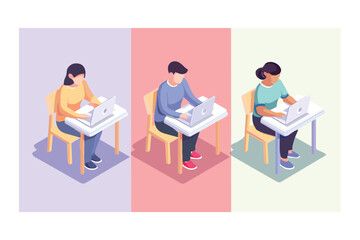 isometric set of students sitting in colored cubes with laptops