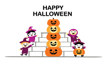 Happy halloween scene with children in costume and stacked pumpkins on white background illustration