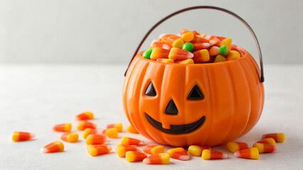 Halloween sale store promotion. Halloween pumpkin bucket filled with candy corn, festive and cheerful,spooky product advertisement, discount banner shopping and trick or treat poster decoration