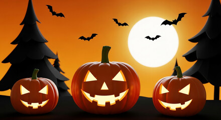 Three glowing jackolanterns stand against a backdrop of a full moon, silhouetted trees, and bats flying in the night sky, capturing the essence of a spooky halloween celebration