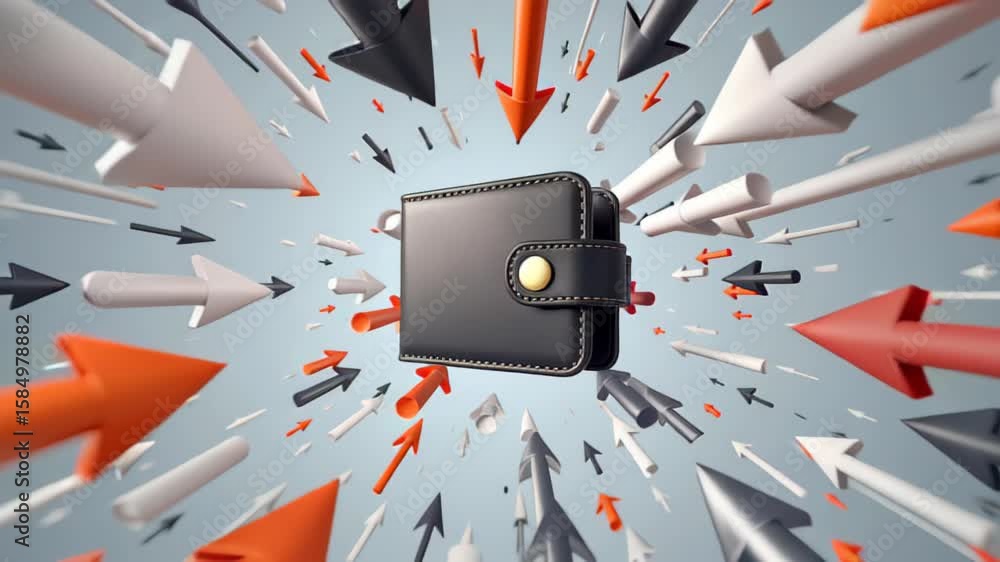 Poster stylish wallet surrounded by dynamic arrows various colors, symbolizing financial direction and choi