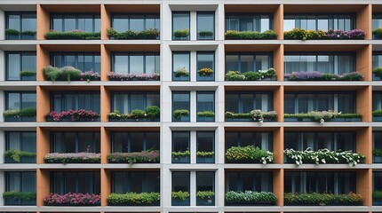 Obraz premium Architectural photo of a multi-story building facade, where each window frame is adorned with a unique, vibrant plant or flower, creating a vertical garden.