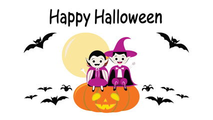 Cartoon halloween scene with vampire and witch sitting on pumpkin with bats and moon shown