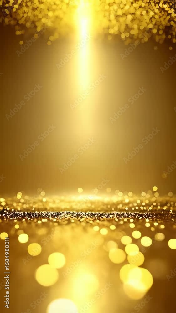 Poster golden particles falling into a golden bokeh filled backdrop with glowing and shimmering effects