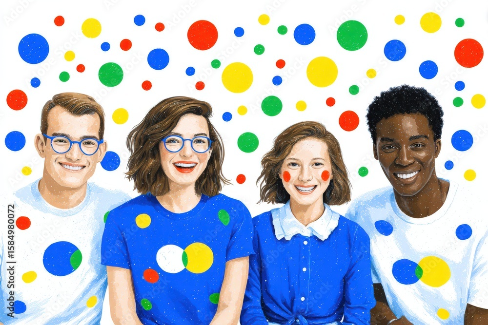 Poster engaging group portrait of four diverse friends with playful expressions adorned in vibrant colorful
