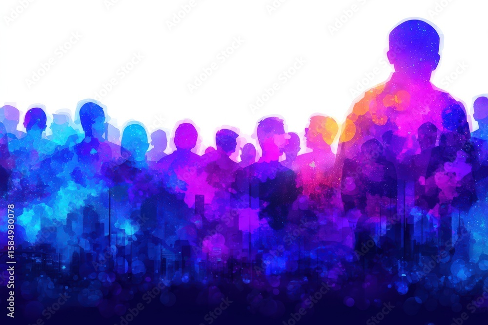 Poster dynamic silhouettes of diverse individuals blending into a mesmerizing abstract landscape illustrati