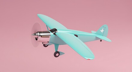 A light blue vintage airplane with a silver propeller on a pink background