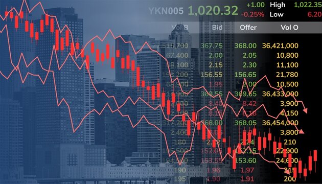 Stock market downturn with red candlestick chart, declining line graphs, and trading data screen. Ideal for illustrating financial loss, recession, risk, and economic decline in business visuals.