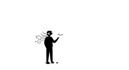 A man overwhelmed by technology, wires emerging from his back.