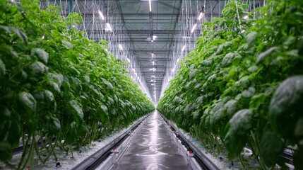 A lush greenhouse filled with vibrant green basil plants, showcasing a modern hydroponic agriculture setup.