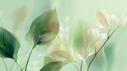 **Plantation abstract background with minimalist shapes of plants and leaves layered over subtle greenish gradients