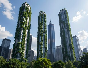 Fototapeta premium Skyscrapers Infused With Nature Textures, Shadow Depth And Sustainability Overlay