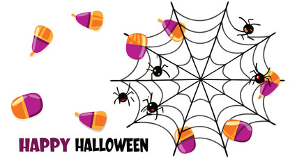 Illustration of happy halloween text with spiders on web and candy corn decorations around it