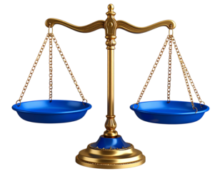 A - “Angled Side View of Elegant Gold Justice Scales with Deep Blue Pans, Transparent PNG”
