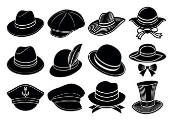 Collection of diverse hat silhouettes isolated on white background
