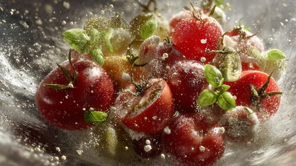 Ingredients tomatoes herbs flour floating frozen close clustered like forming dish in MidJourney