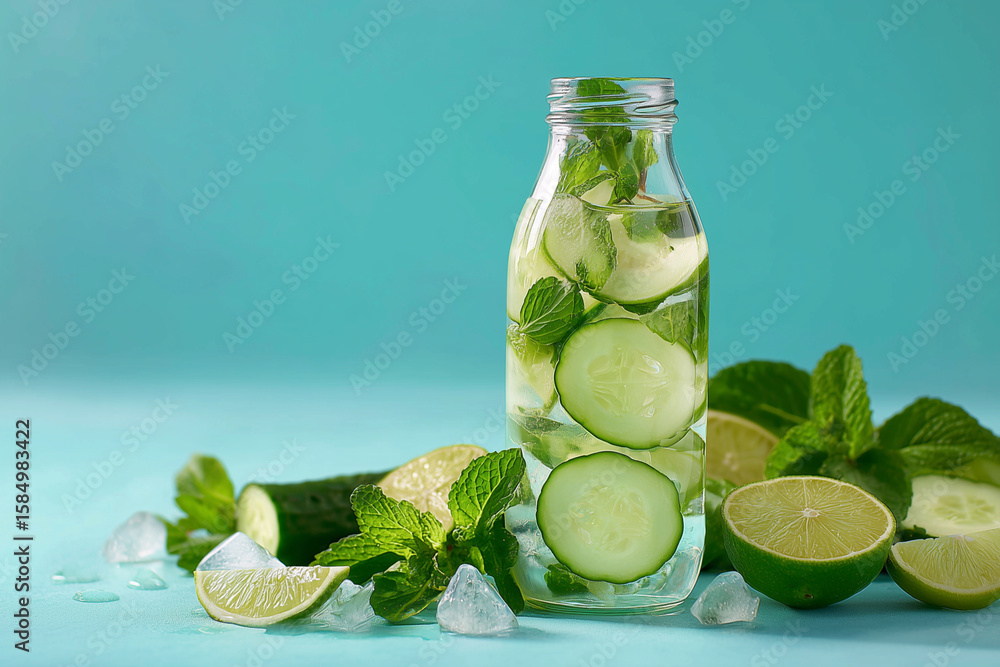 Poster a glass bottle of cucumber water with a few slices of cucumber on the table