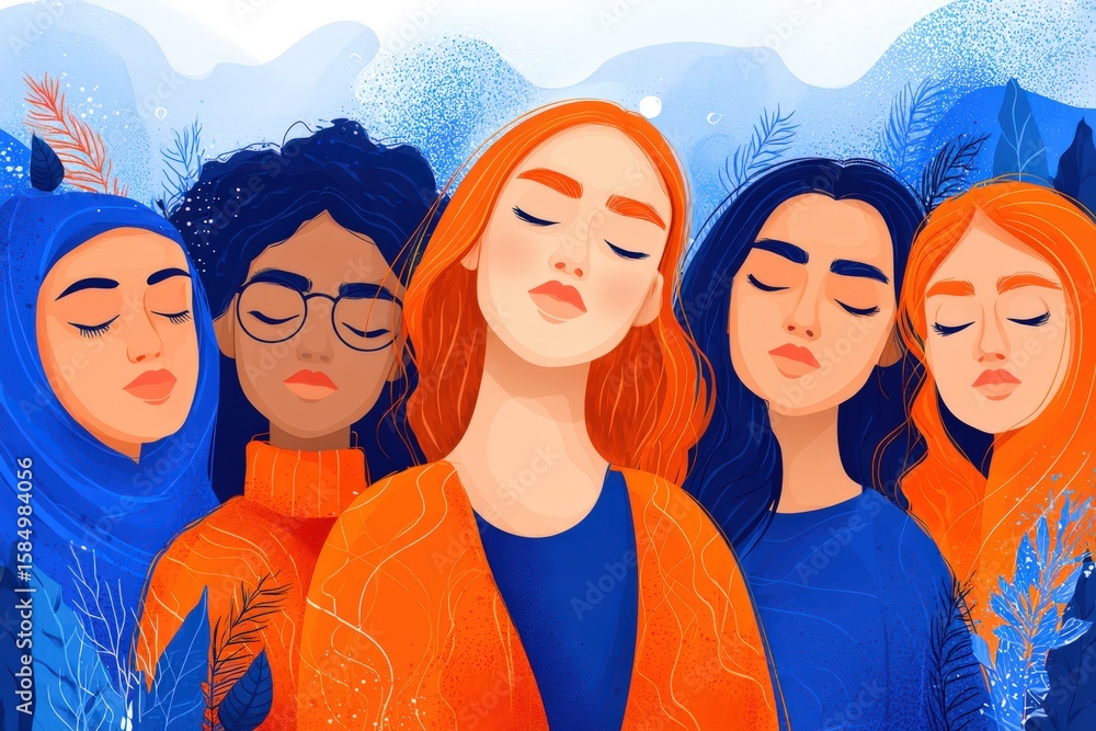 Poster a serene gathering of diverse women in a colorful illustrated setting expressing unity and introspec
