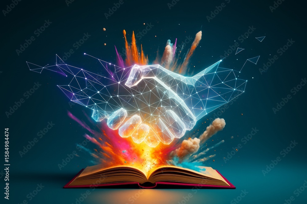 Poster digital handshake emerging from open book with colorful explosion on dark background symbolizing cre