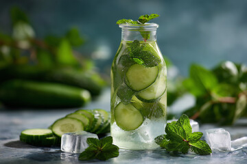 A glass of cucumber water with ice cubes and mint leaves