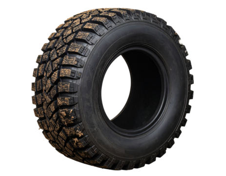 A - “All-Terrain Vehicle Tire Front View Showing Bold Tread Pattern, Isolated on Transparent Background”