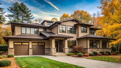 Wandcirkels Foto's A beautiful luxury home with a welcoming porch and vibrant autumn foliage surrounding the property  © Tahmina Kazim