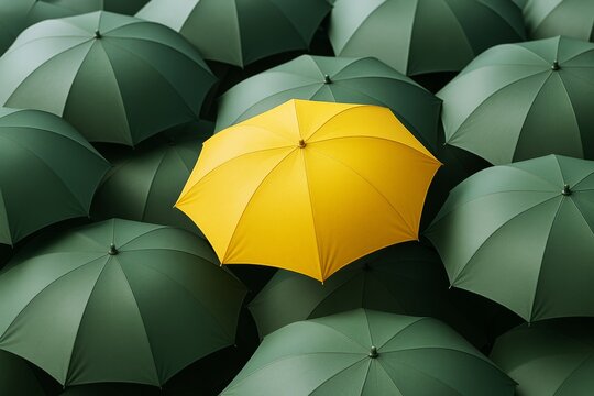 Bright yellow umbrella standing out among dark green umbrellas symbolizing individuality and uniqueness in a business concept background.