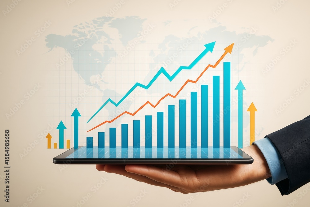 Aufkleber business analytics concept with rising bar and line graphs emerging from tablet over world map backg