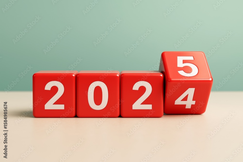 Poster transition from 2024 to 2025 represented by red cubes on light surface with clean background in mode