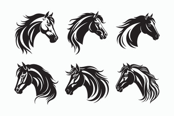 Set of black and white horse illustrations in various poses