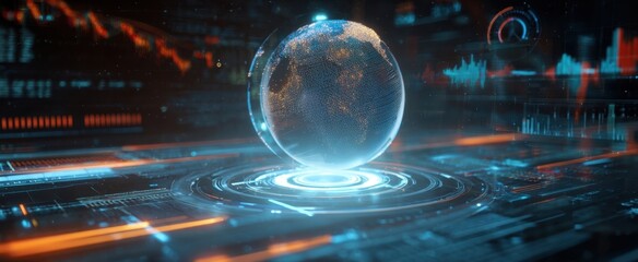 The Futuristic Globe Surrounded by Digital Data and Technology Interfaces