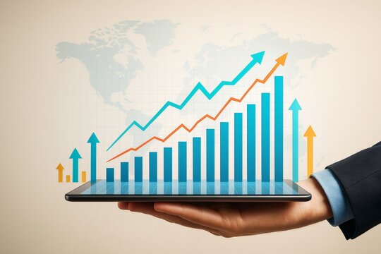 Business analytics concept with rising bar and line graphs emerging from tablet over world map background, symbolizing global growth and success. - Powered by Adobe