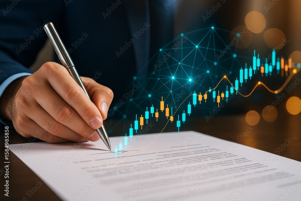 Aufkleber business hand signing financial contract with abstract stock chart and light network background on d