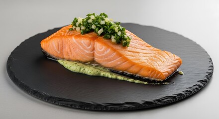 Salmon Steak with Herb Topping on Black Plate