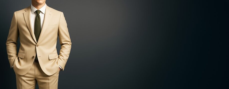 Businessman in beige suit on dark gradient background with empty copy space for advertising or promotional design template mockup concept.