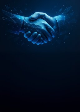 Futuristic digital handshake with glowing polygonal mesh design on dark background, ideal for business partnership or agreement concept poster.