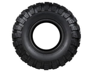 A - “Angled Side View of Muddy Off-Road Tire with Chunky Treads, Transparent PNG”
