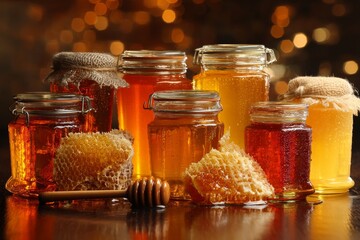 Different varieties of honey jars and honeycomb arranged on a wooden surface with soft lighting