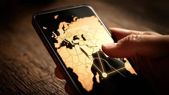 Vpn proxy protection connection concept. Smartphone Map Display with Network Lines for VPN and Proxy Protection Connection in Hand