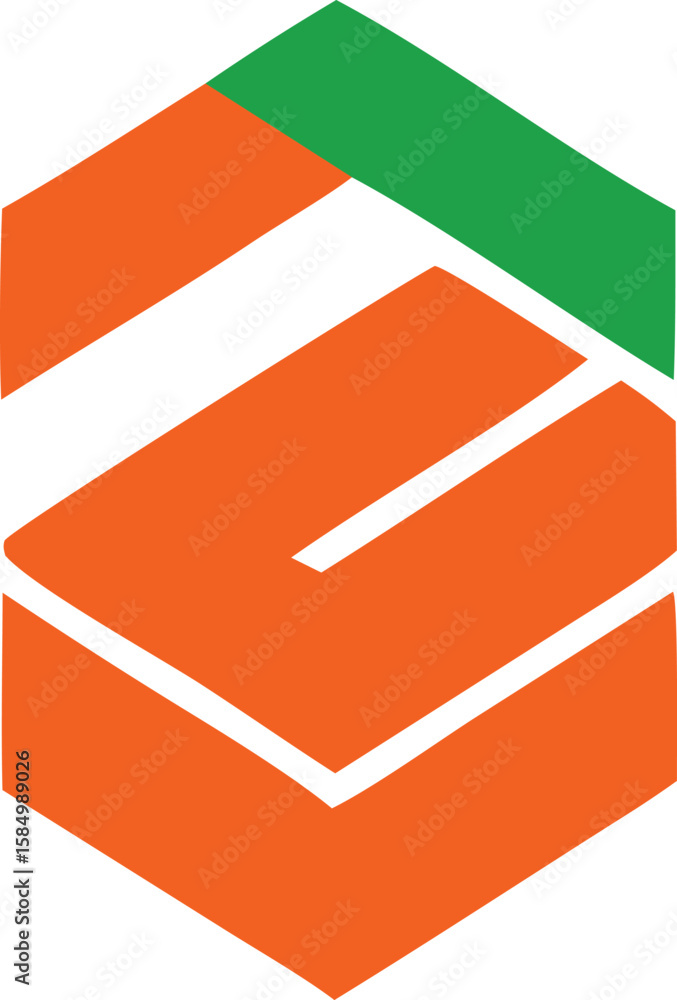 Poster abstract geometric logo design featuring intersecting orange and green shapes within a hexagonal out