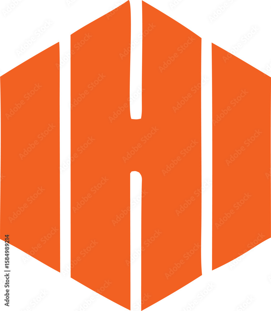 Poster bold orange hexagonal shape with a vertical white stripe creating an abstract h symbol on a white ba