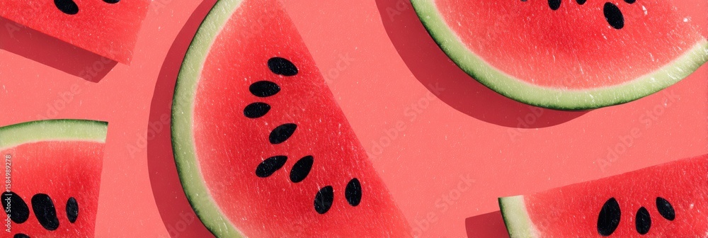 Poster bright watermelon slices arranged in an abstract pop-art style on a minimal background