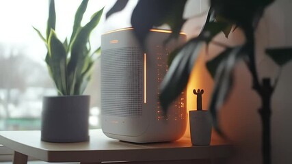 A modern air purifier surrounded by plants, creating a cozy atmosphere.